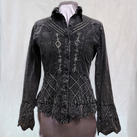 Inca Cottons Tops - Embroidered & Flourished Denim Blouse w/Scalloped Hem & Wrists